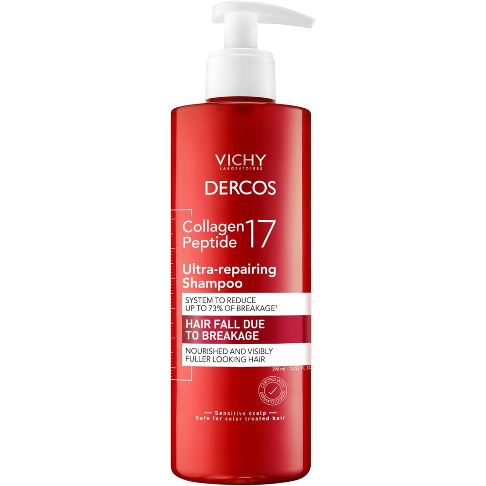 Vichy Dercos Collagen Peptide 17 Ultra Repairing Shampoo For Damaged Weak Hair And Anti Hair Fall, 390 Milliliters