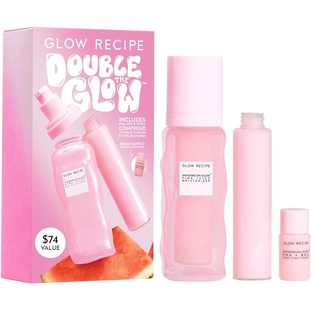 Glow Recipe Double The Glow Skincare Kit With Watermelon Pore Tight Facial Toner And Full Size Refillable Pink Juice Face Moisturizer 3 Count