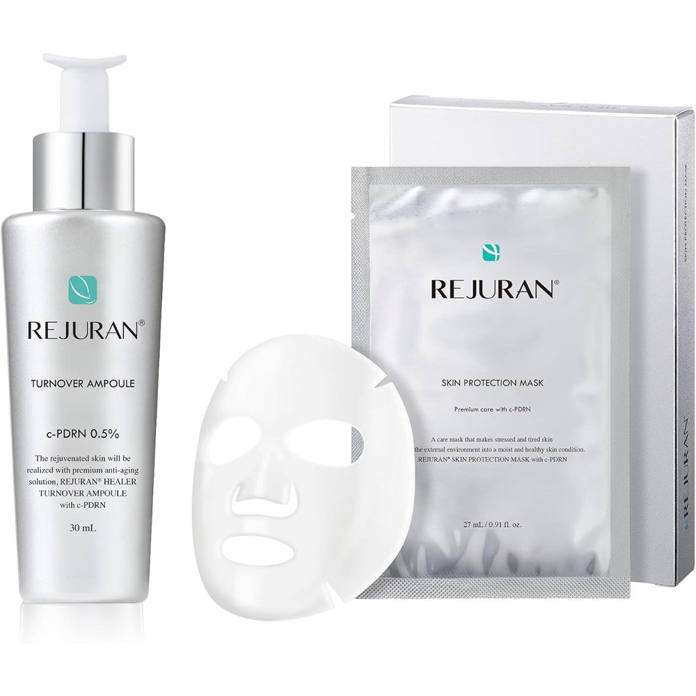 Rejuran c-PDRN Korean Skin Care Bundle Turnover Ampoule Serum 1.01 Fluid Ounce And Skin Protection Hydrating Sheet Mask 5 Pack