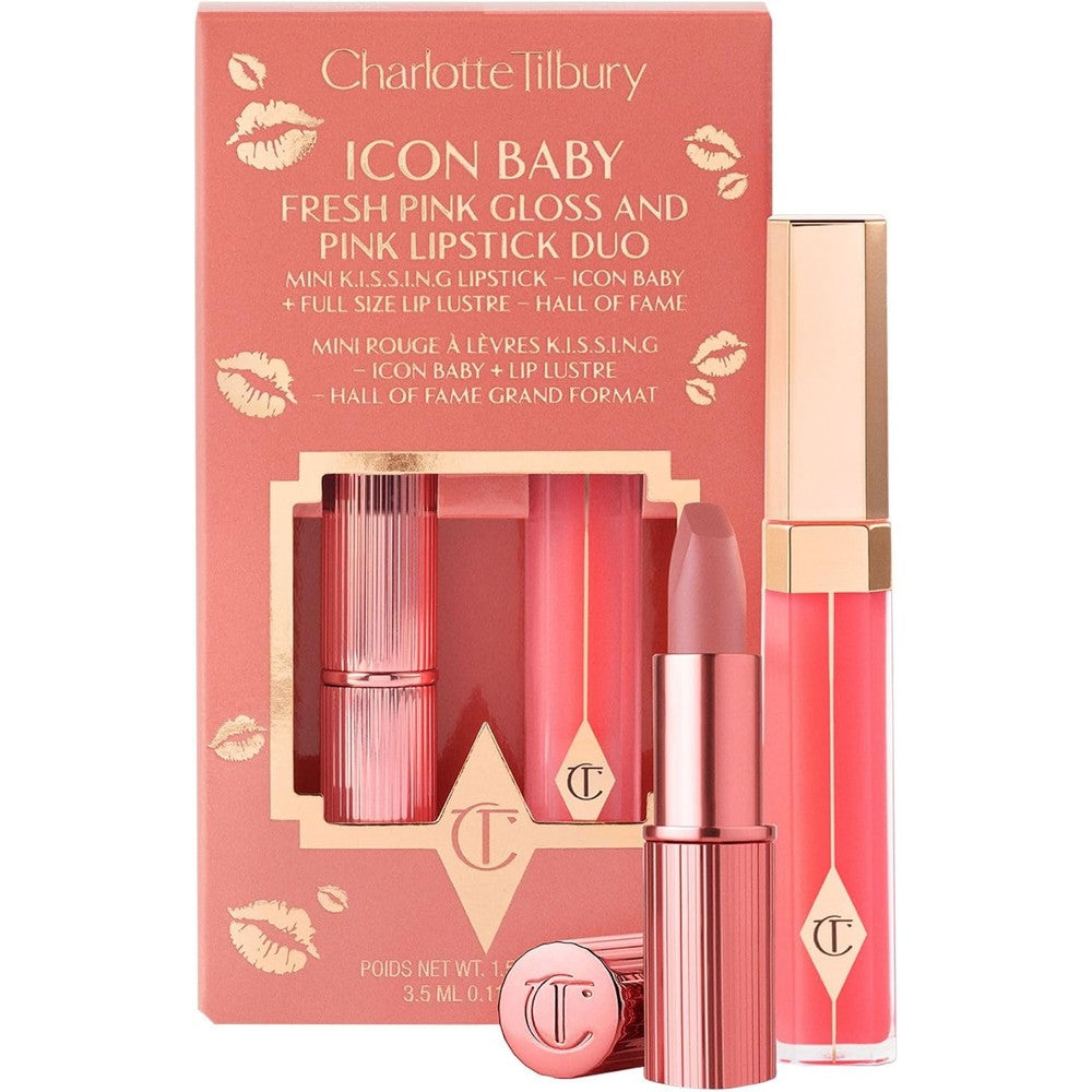 Charlotte Tilbury Icon Baby Lip Duo Kit Featuring Mini K.I.S.S.I.N.G Satin Shimmer Lipstick And Full Size Hall Of Fame High Shine Gloss Set