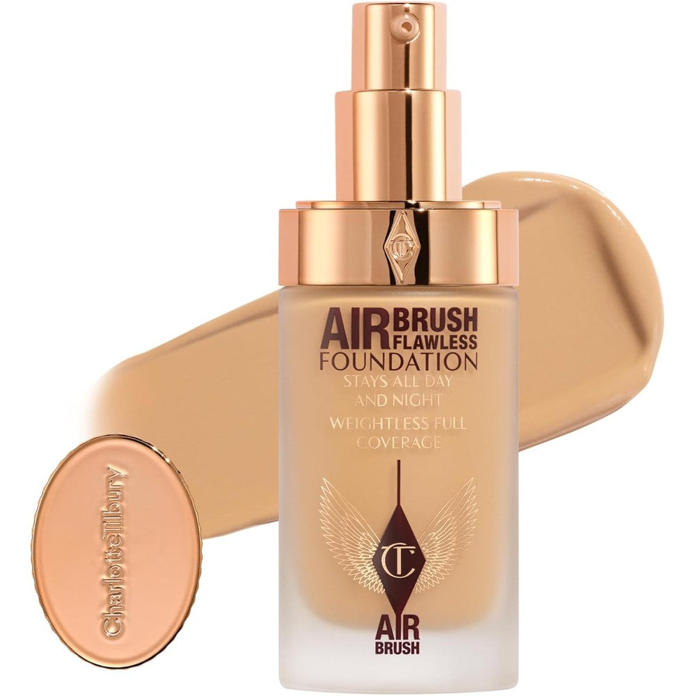 Charlotte Tilbury Airbrush Flawless Matte Foundation front view of frosted glass bottle with rose gold pump lid.
