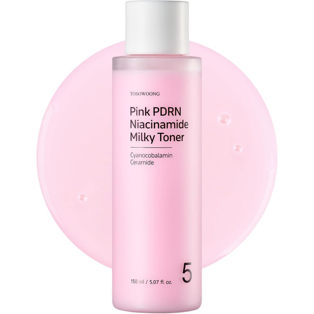 Tosowoong Pink PDRN Niacinamide Milky Toner For Dark Spot Care And Glass Glow Skin Korean Skincare 150 Milliliters 5.07 Fluid Ounces