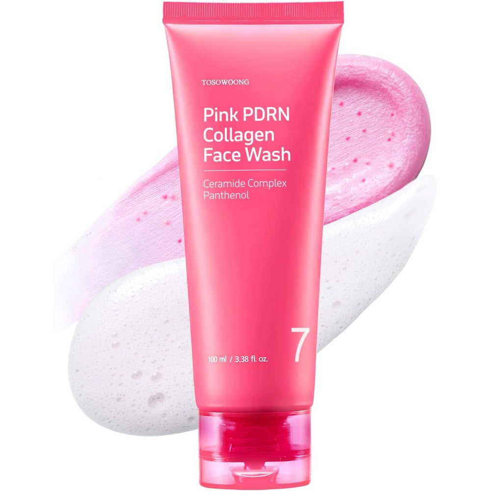 Tosowoong Pink PDRN Collagen Face Wash Mochi Whip Cleanser With Pore Care Capsules Rejuvenating Skincare 100 Milliliters 3.38 Fluid Ounces