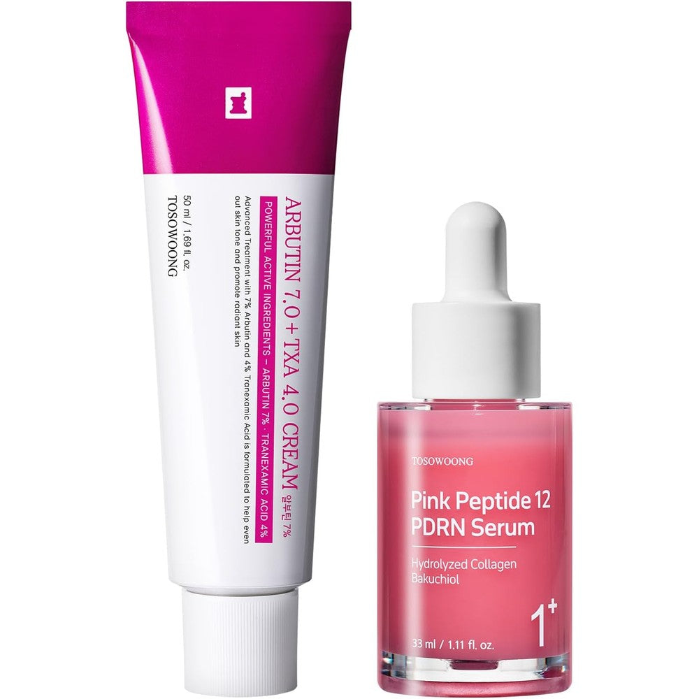 Tosowoong K-Beauty Tone-Refining Duo Arbutin 7 Tranexamic Acid 4 Cream 50 Milliliter And Pink Peptide 12 PDRN Serum For Dark Spots And Firming