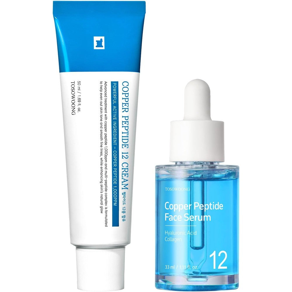 TOSOWOONG Ultimate Anti Aging And Firming Duo Copper Peptide Twelve Cream Fifty Milliliters And Copper Peptide Face Serum Thirty Three Milliliters