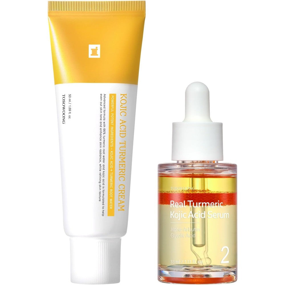 TOSOWOONG Tone Correcting Power Duo Kojic Acid Turmeric Cream Fifty Milliliters And Real Turmeric Kojic Acid Serum Set
