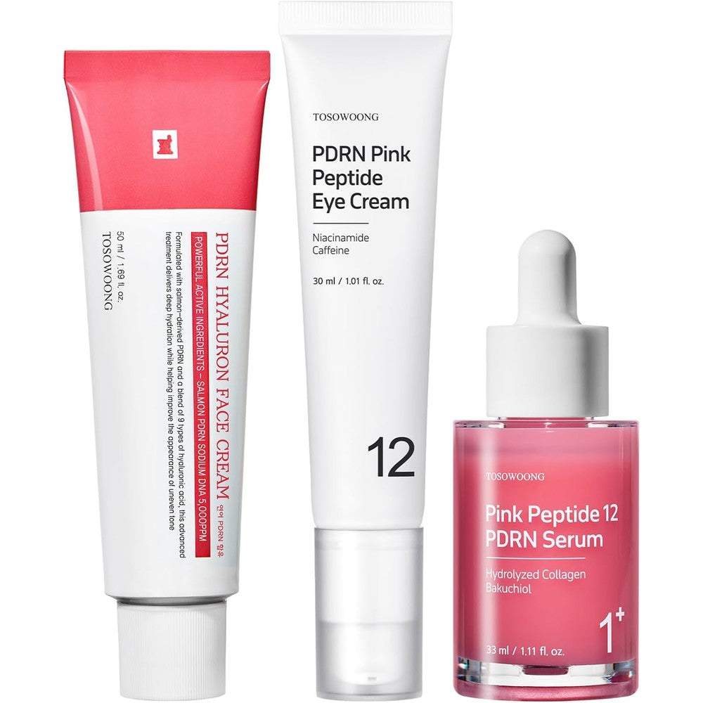 TOSOWOONG K-Beauty 3-Step Glass Skin Kit with 12-Peptide Serum 9-Hyaluronic Acid Cream and Liposome Retinol Eye Care 3 Piece Set