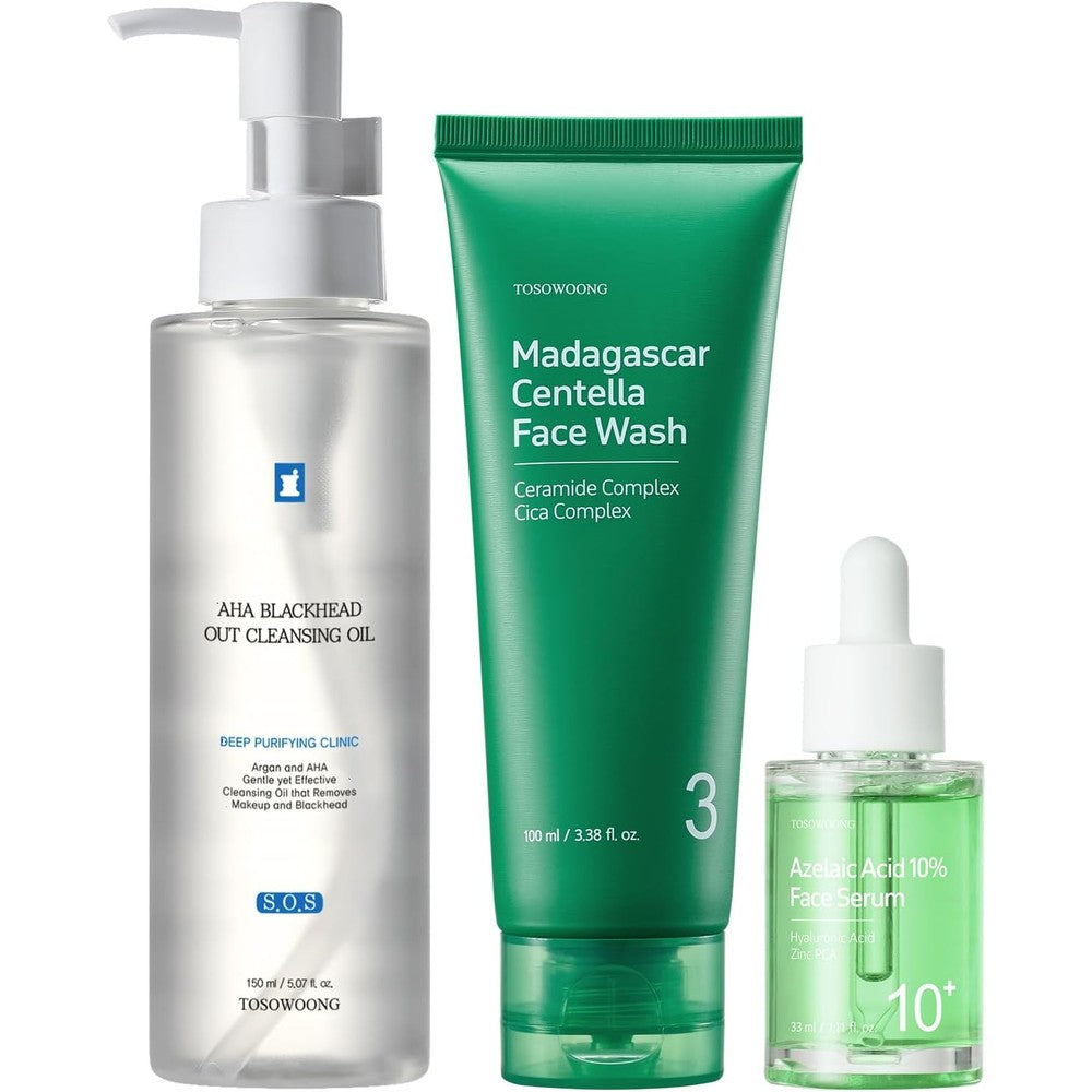 Tosowoong 3 Step Blemish Clear Beginner Set Featuring Cleansing Oil Madagascar Centella Face Wash And Azelaic Acid Serum For Troubled Skin 3 Count