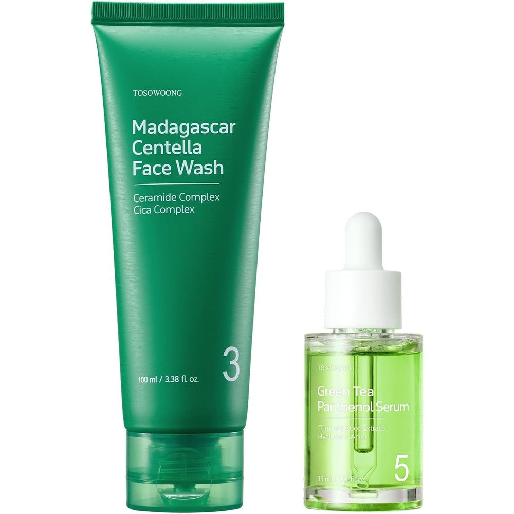 TOSOWOONG Calming Skin Barrier Duo Green Tea Sixty Percent Panthenol Serum Thirty Three Milliliters and Madagascar Centella Face Wash One Hundred M...