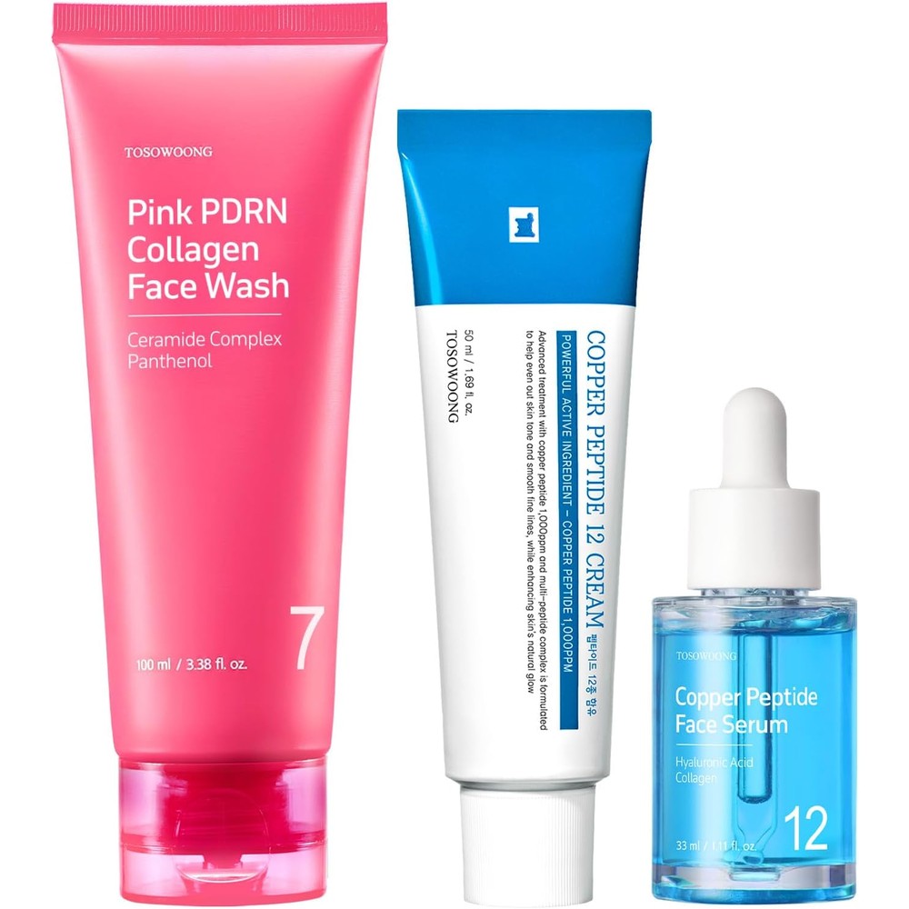 Tosowoong 3 Step Anti Aging Beginner Routine Set With Pink PDRN Collagen Face Wash Copper Peptide Serum And Peptide Cream For Wrinkles And Elasticity