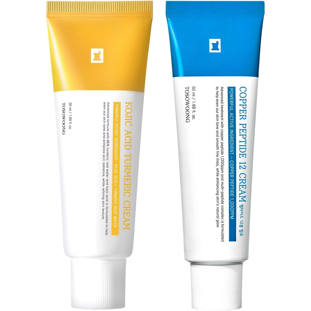 TOSOWOONG High Potency Active Duo 99 Percent Pure Kojic Acid Moisturizer and Copper Tripeptide One Collagen Booster Kit Two Pack 1.69 Fluid Ounce Each