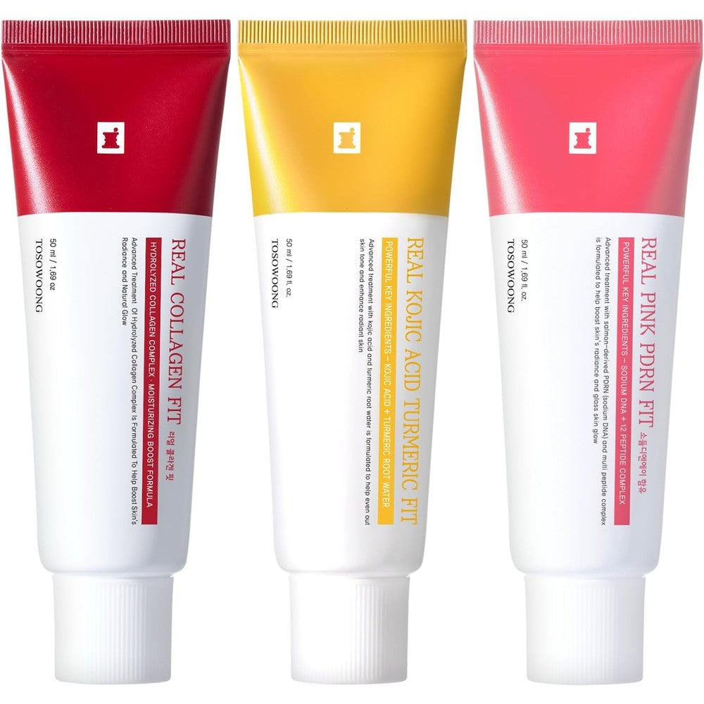 TOSOWOONG K-Beauty Viral Glass Skin Mask Trio Set Featuring Real Collagen Kojic Acid Turmeric And Pink PDRN Salmon DNA Fifty Milliliter Three Pack