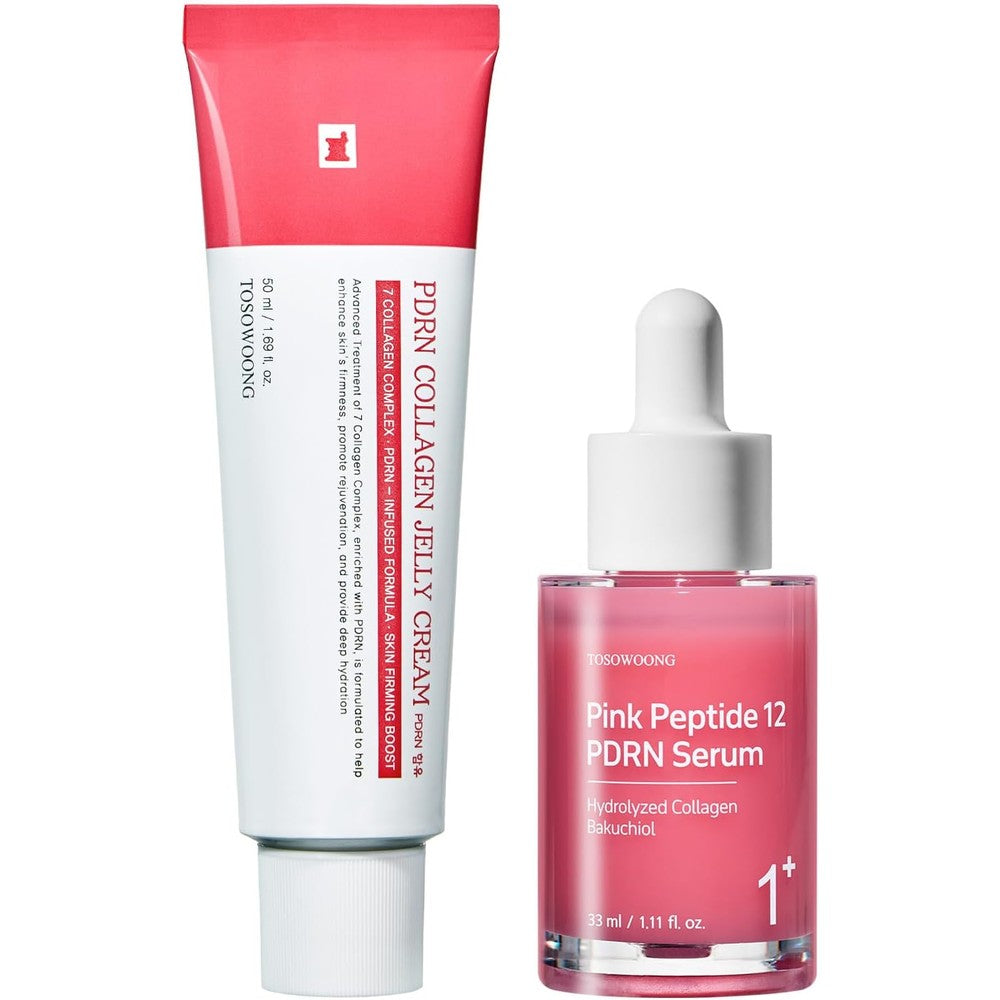 TOSOWOONG Radiance and Firmness Duo Pink Peptide 12 PDRN Serum Thirty Milliliters and PDRN Collagen Jelly Cream Fifty Milliliters Set