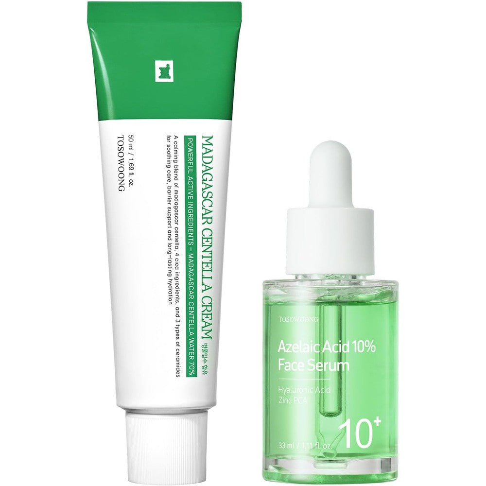 TOSOWOONG Soothing And Hydration Duo Madagascar Centella Cream Fifty Milliliters And Azelaic Acid Ten Percent Serum Thirty Milliliters