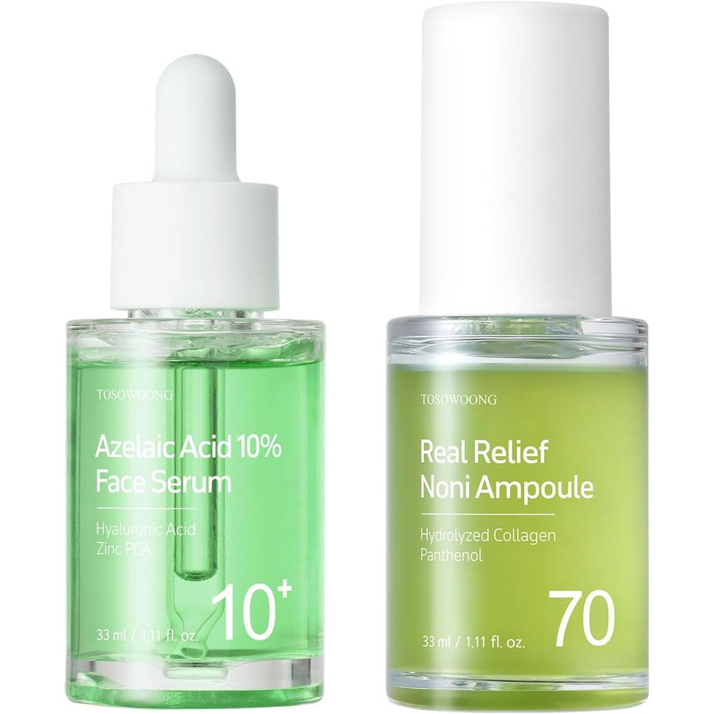 TOSOWOONG Soothing And Hydrating Duo Azelaic Acid 10 Percent Face Serum 33 Milliliters And Real Relief Noni Ampoule For Redness Relief