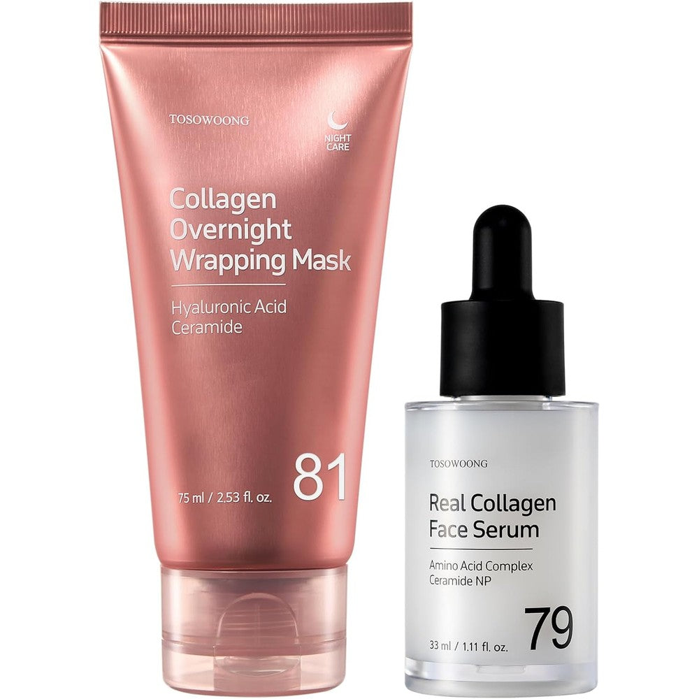 TOSOWOONG Collagen Glow Duo Real Collagen Face Serum 1.11 Ounce and 81 Percent Overnight Wrapping Mask 2.53 Ounce for Firming Glass Skin
