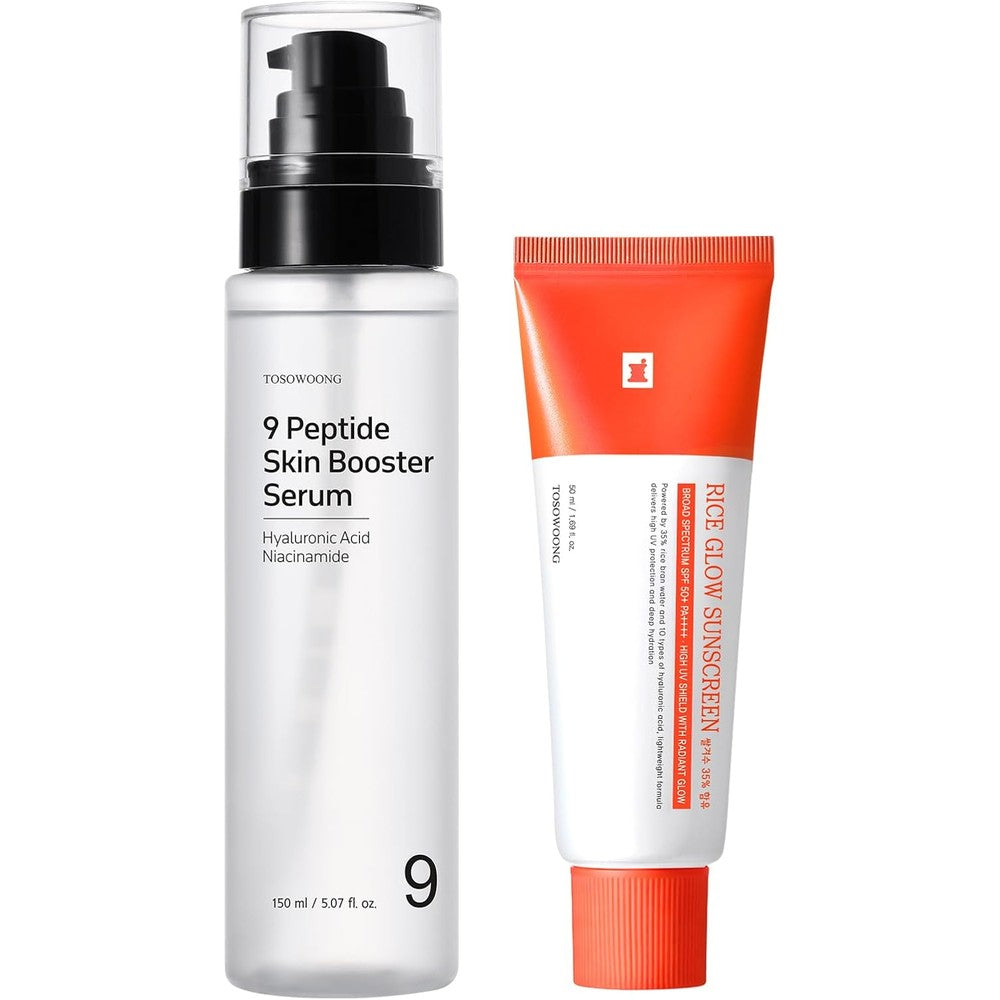 TOSOWOONG Glass Skin Daily Defense Duo Featuring 9 Peptide Skin Booster Serum 150ml And Rice Glow SPF 50 Plus Sunscreen 50ml Set