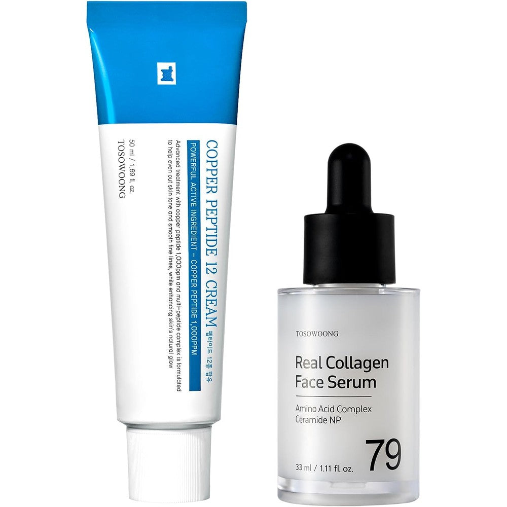 Tosowoong K-Beauty Anti-Aging Skincare Set Containing Real Collagen Serum Fifty Milliliters And Copper Peptide Twelve Cream Fifty Milliliters
