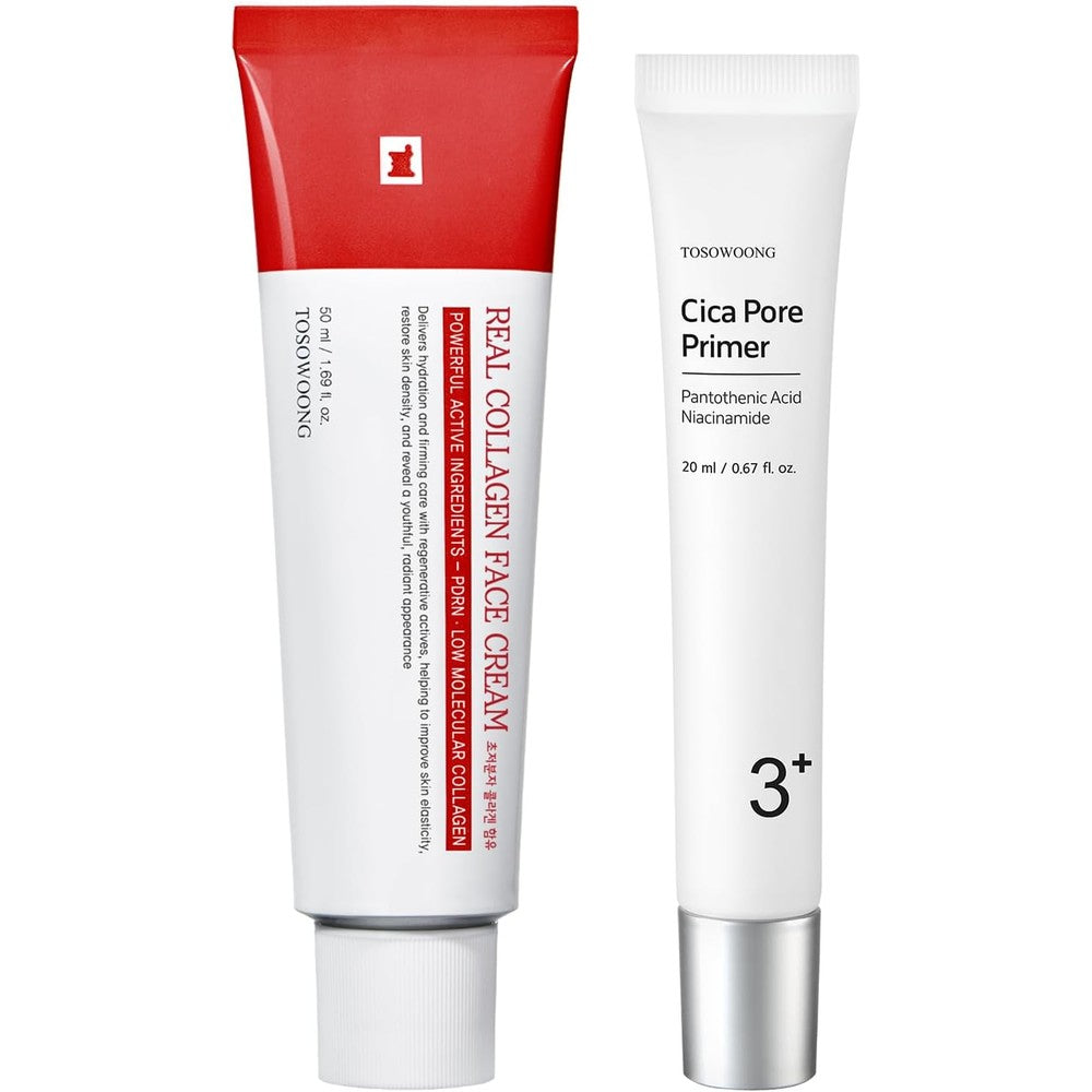 TOSOWOONG Pore Perfection Duo Cica Pore Primer And Real Collagen Face Cream Set For Smooth Skin