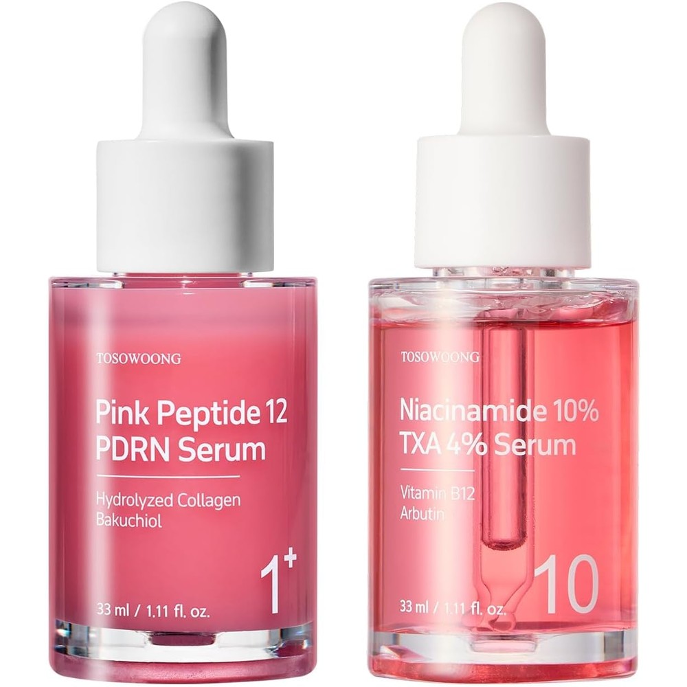 TOSOWOONG Ultimate Clear Glass Skin Serum Duo Pink Peptide Twelve PDRN Serum and Niacinamide Ten Tranexamic Acid Four Serum Thirty-Three Milliliter