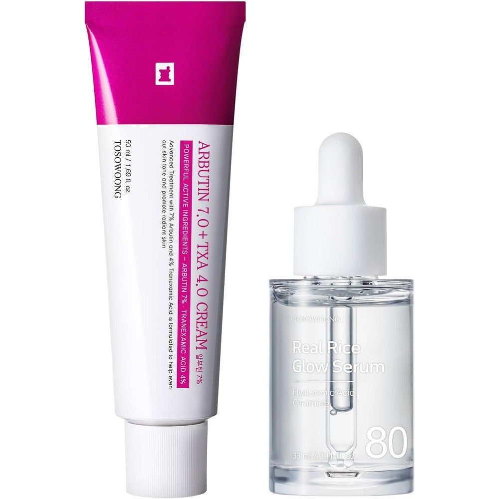 Tosowoong Dark Spot Care Duo Real Rice Glow Serum And Arbutin 7 Percent Tranexamic Acid 4 Percent Cream Brightening Korean Skincare Set