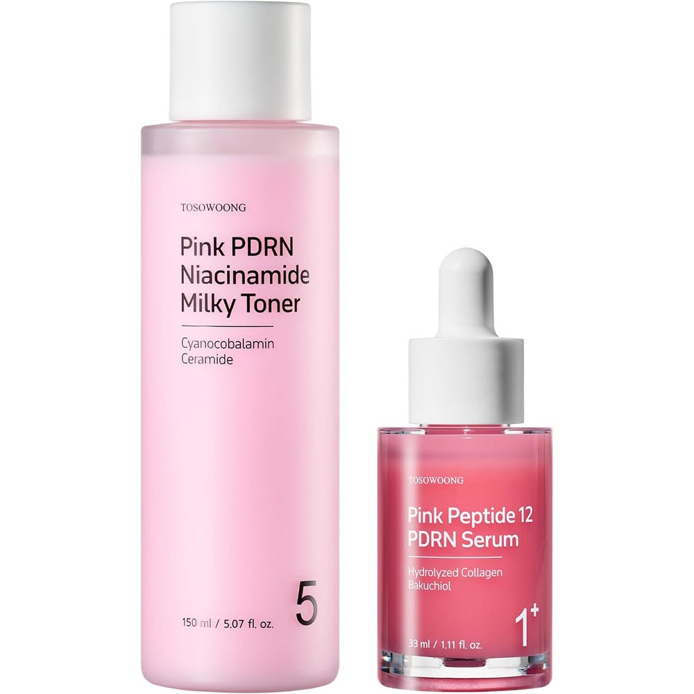 TOSOWOONG Double PDRN Glow Bundle Includes Pink Niacinamide Milky Toner 150ml and Pink Peptide 12 Serum 33ml for Skin Elasticity
