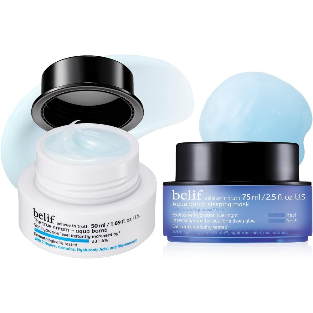 Belif Aqua Bomb Day And Night Set With True Cream Aqua Bomb Moisturizer 50 Milliliters And Aqua Bomb Sleeping Mask 75 Milliliters