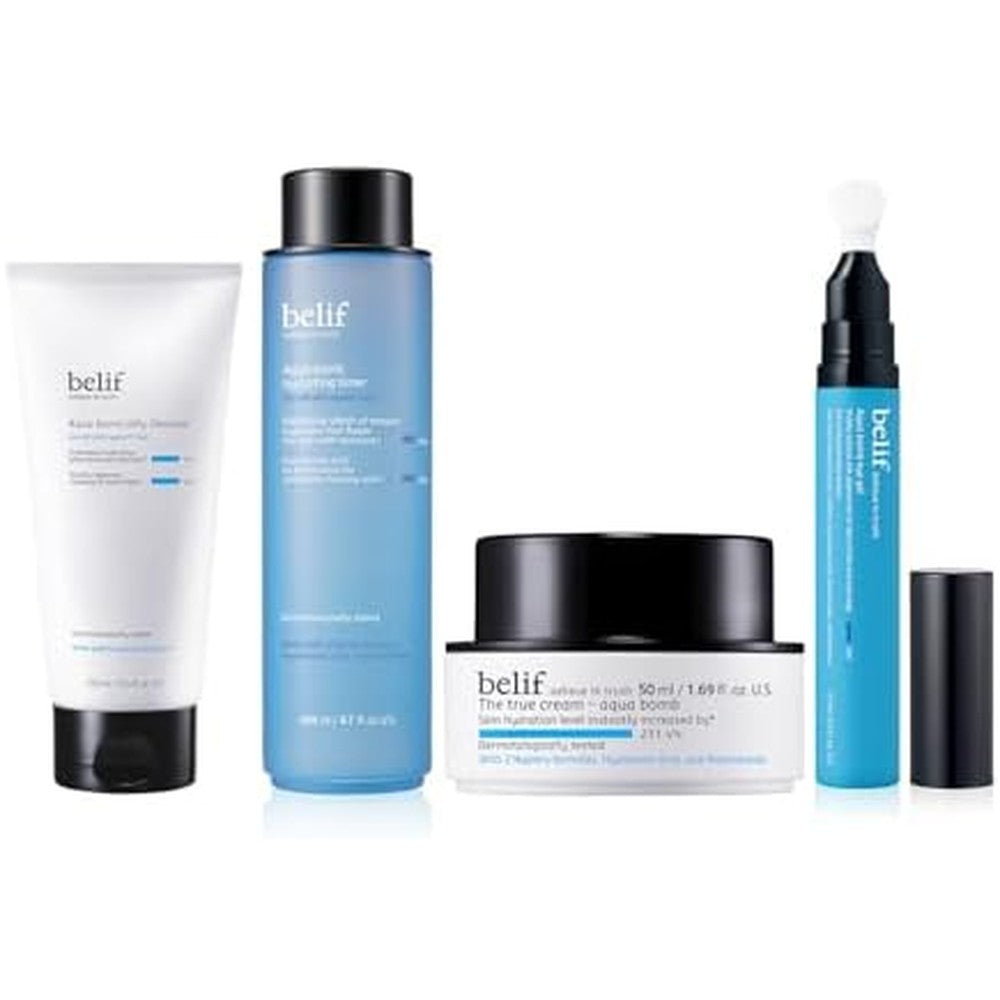 Belif Aqua Bomb Hydrating Prep Full Routine Set With Cleanser Toner Moisturizer And Eye Gel For Korean Glass Skin Hydration And Plumpness
