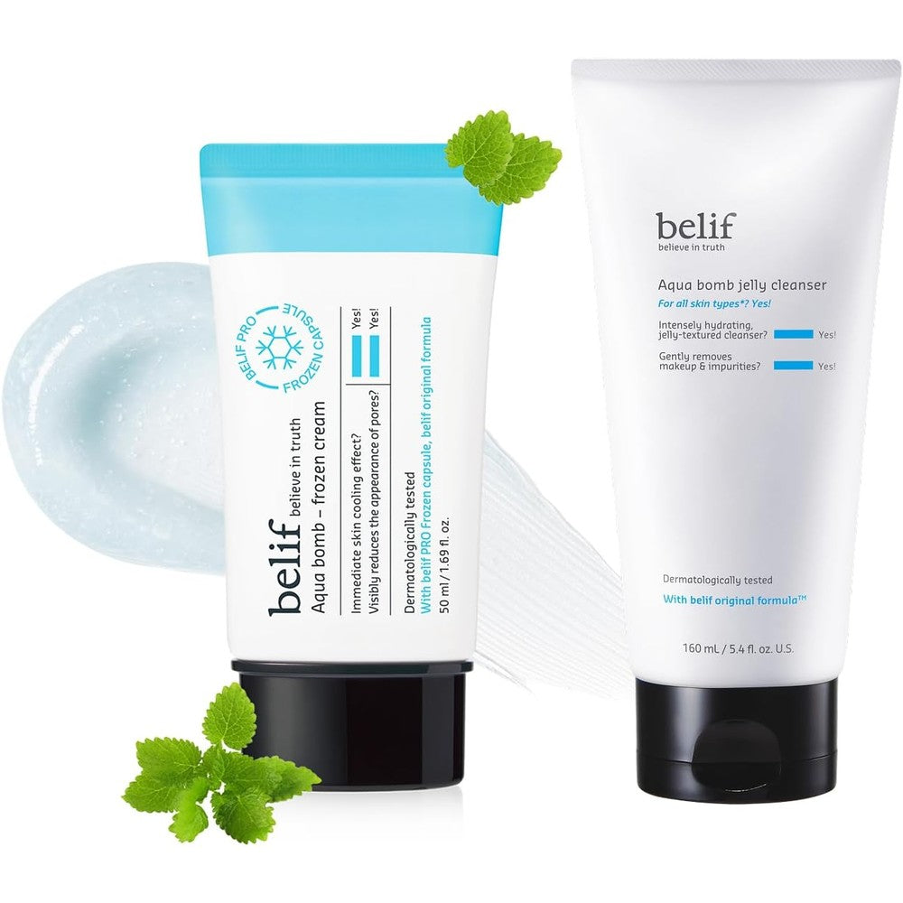 Belif Aqua Bomb Refreshing Duo Jelly Cleanser And Frozen Gel Cream For Hydrated Soothed Skin Set