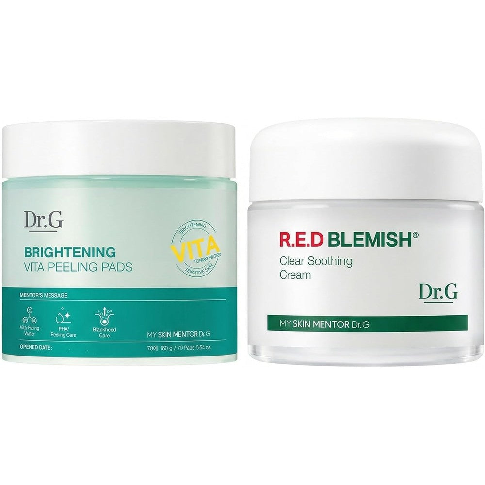 Dr.G Red Blemish Clear Soothing Korean Moisturizer Face Cream And Brightening Vita Peeling Pads Bundle For Sensitive Skin