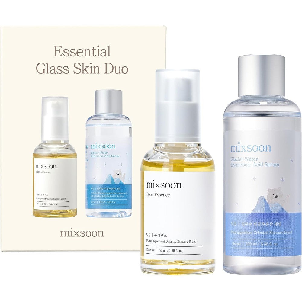 Mixsoon Essential Glass Skin Duo Set For Radiant Complexion With Bean Essence Fifty Millilitre and Glacier Water Hyaluronic Acid Serum One Hundred ...