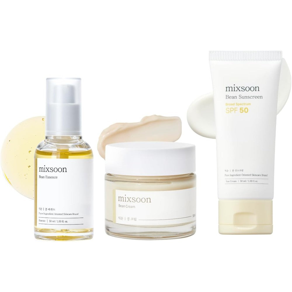 Mixsoon Daily Bean Signature Set, Bean Essence And Bean Cream And Bean Sunscreen, 3 Step Korean Skincare Routine For Hydration And Glow