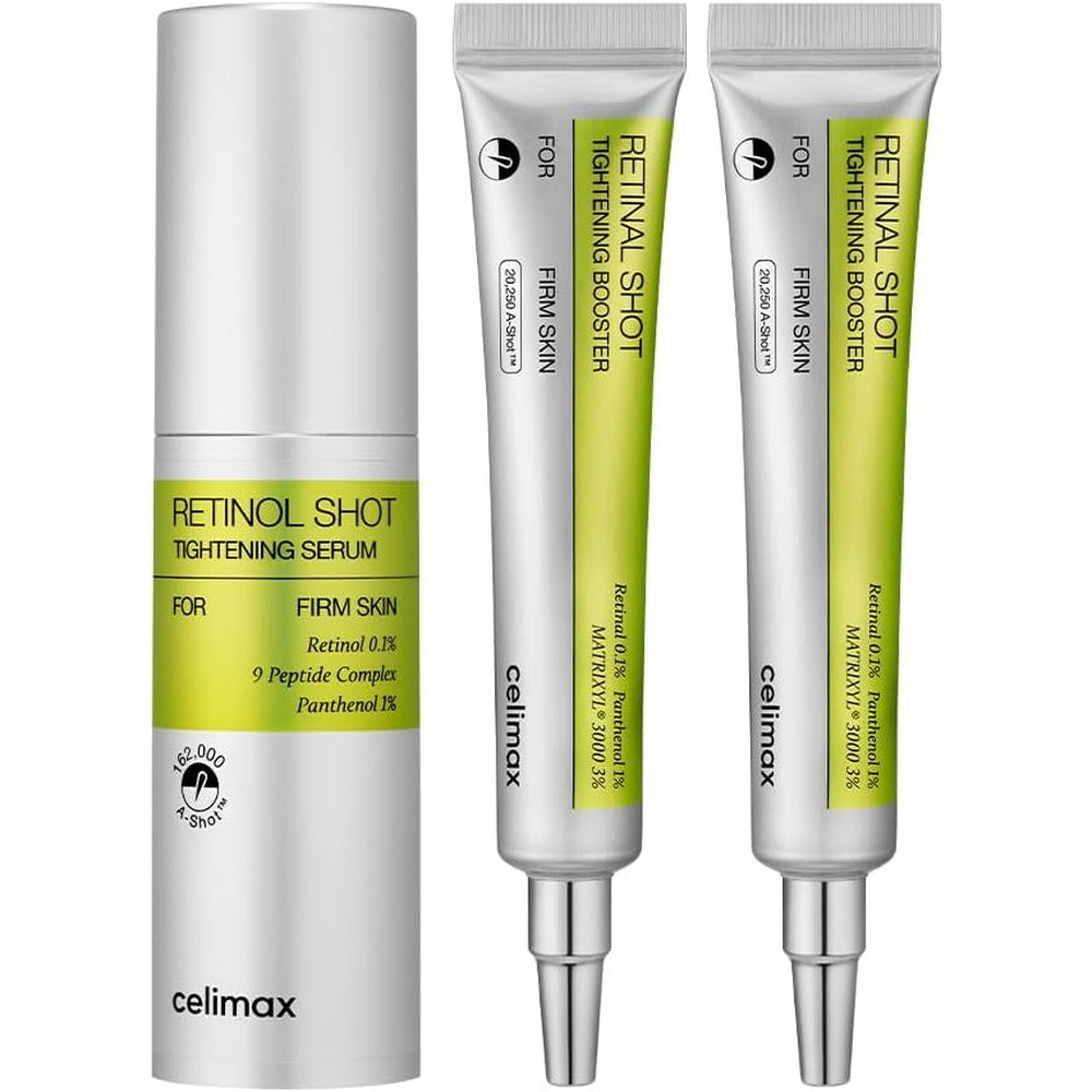 Celimax Retinol Shot Serum Thirty Milliliter and Retinal Shot Booster Duo Set Fifteen Milliliter Pack of Two Korean Anti Aging Skincare Gift Set
