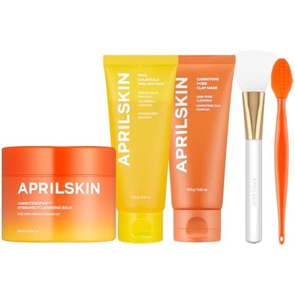 Aprilskin Pore Fect Skincare Set With Carrotene IPMP Cleansing Balm Calendula Peel Off Mask And Three Minute Pore Caring Clay Mask