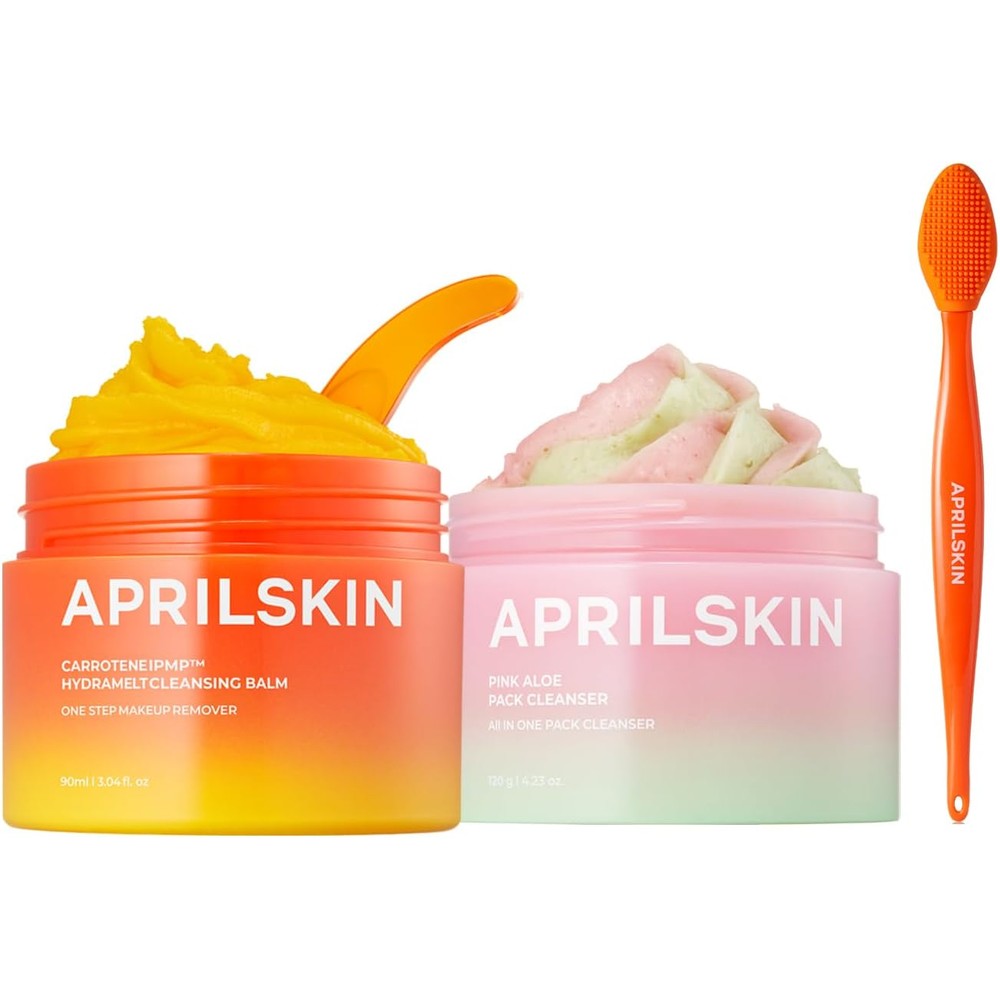 APRILSKIN Double Cleansing Duo With Pore Brush Featuring Carrotene IPMP Hydromelt Cleansing Balm And Pink Aloe Facial Polish Cleanser Set