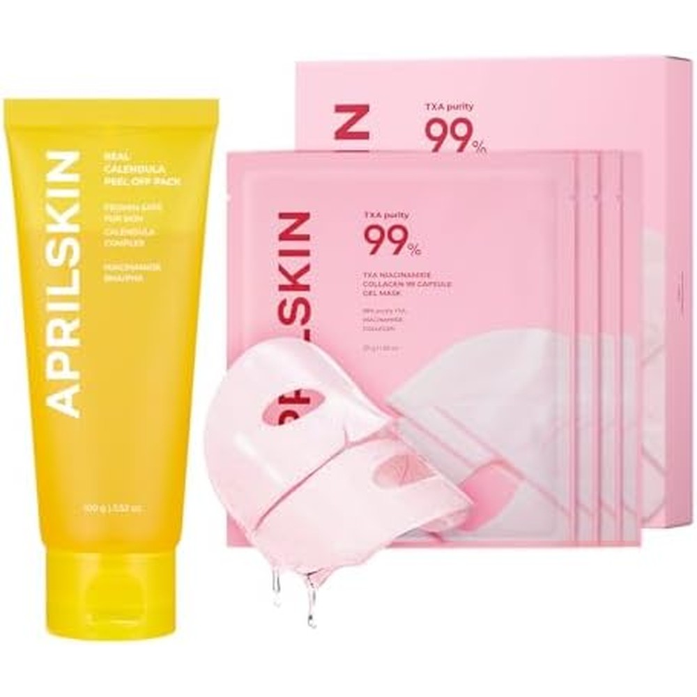APRILSKIN Peel And Glow Duo Calendula Flower Infused Facial Peel Off Mask 3.52 Fluid Ounce And TXA Pink Capsule Gel Mask 4 Count
