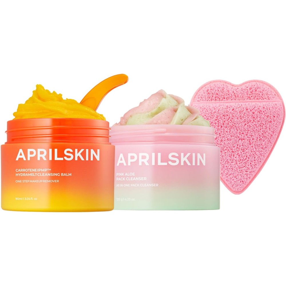 Aprilskin Double Cleansing Duo With Heart Puff Includes Carrotene IPMP Hydromelt Cleansing Balm Ninety Milliliters And Pink Aloe Facial Polish Clea...
