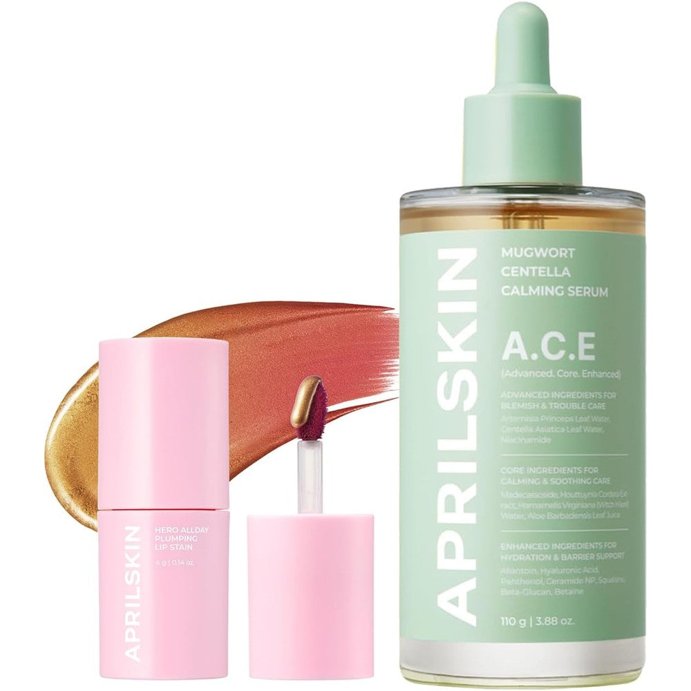 APRILSKIN Soothing And Long Lasting Duo Mugwort Centella Calming Serum One Hundred Ten Grams And Hero All Day Plumping Lip Stain Zero Point One Fou...