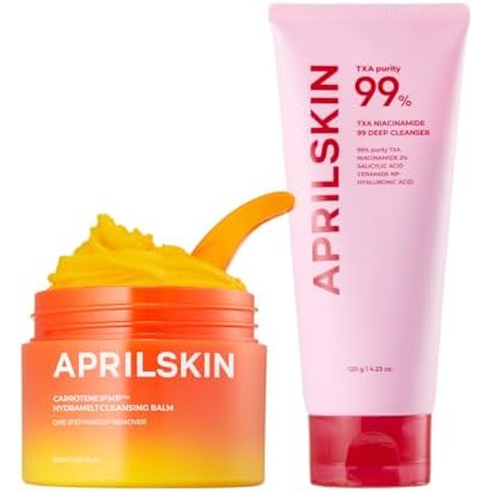 APRILSKIN Double Cleansing Duo For Blackhead Care With Carrotene IPMP Cleansing Balm Three Fluid Ounce And TXA Niacinamide Cleanser Four Ounce