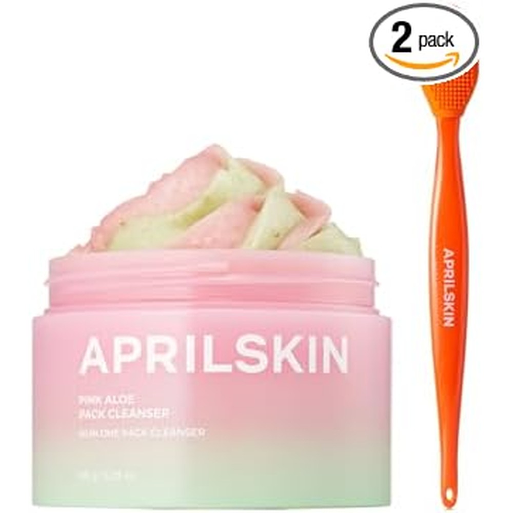 APRILSKIN Pink Aloe Facial Polish Cleanser and Pore Cleansing Facial Silicone Brush Set for Deep Pore Cleansing and Gentle Exfoliation 120 Grams