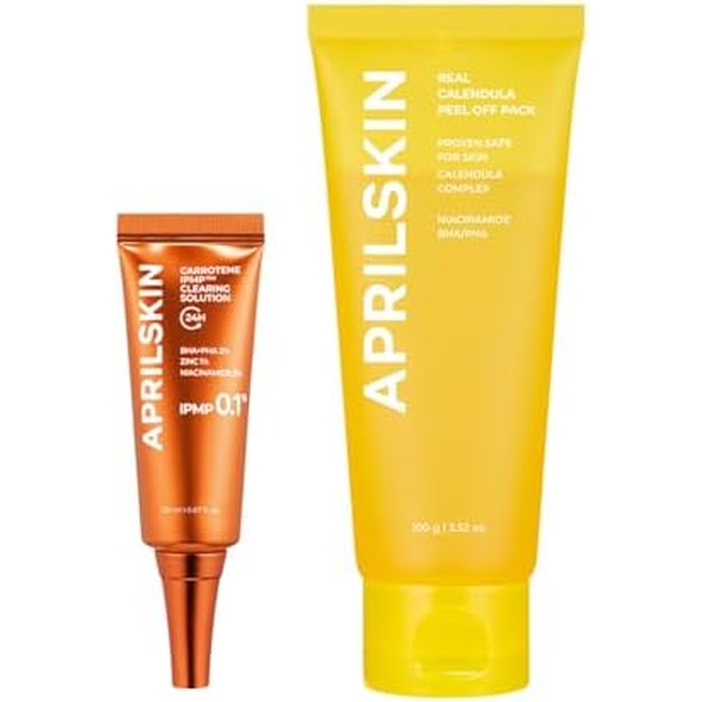 Aprilskin Peel And Clear Duo For Troubled Skin With Calendula Flower Infused Facial Peel Off Mask One Hundred Grams And Carrotene IPMP Clearing Sol...