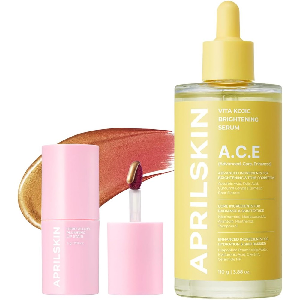 APRILSKIN Brightening And Plumping Duo With Vita Kojic Serum For Uneven Skin Tone And Hero All Day Plumping Lip Stain 110 Grams And 0.14 Ounce