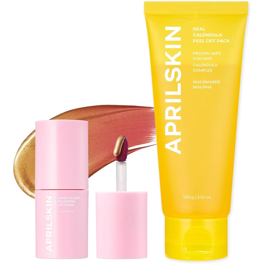 APRILSKIN Pore Care And Long Lasting Duo Calendula Peel Off Mask One Hundred Grams And Hero All Day Plumping Lip Stain Zero Point One Four Ounces