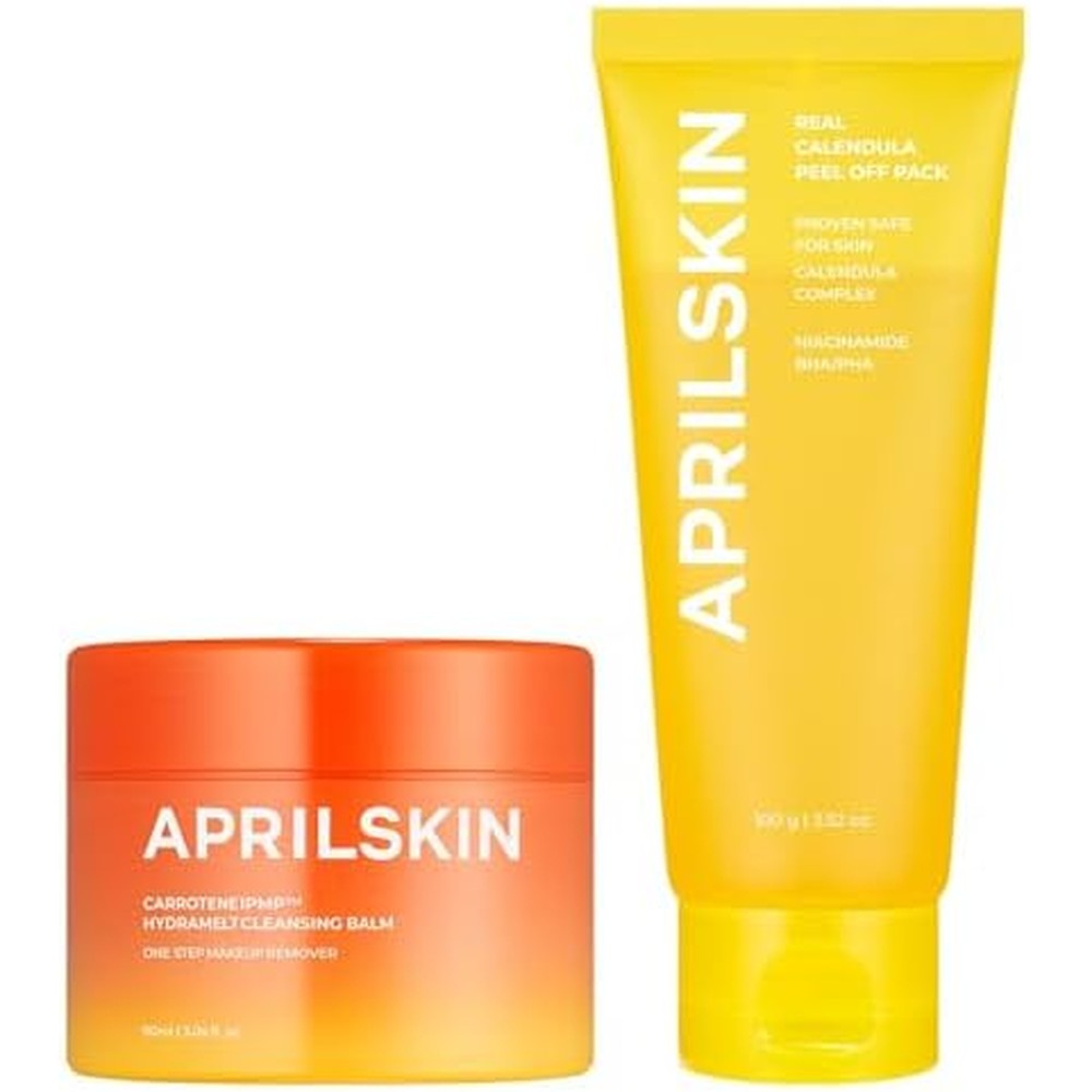 APRILSKIN Deep Clean And Glow Duo Skincare Set Featuring Carrotene IPMP Hydromelt Cleansing Balm 90 Milliliters And Calendula Peel Off Mask 100 Grams