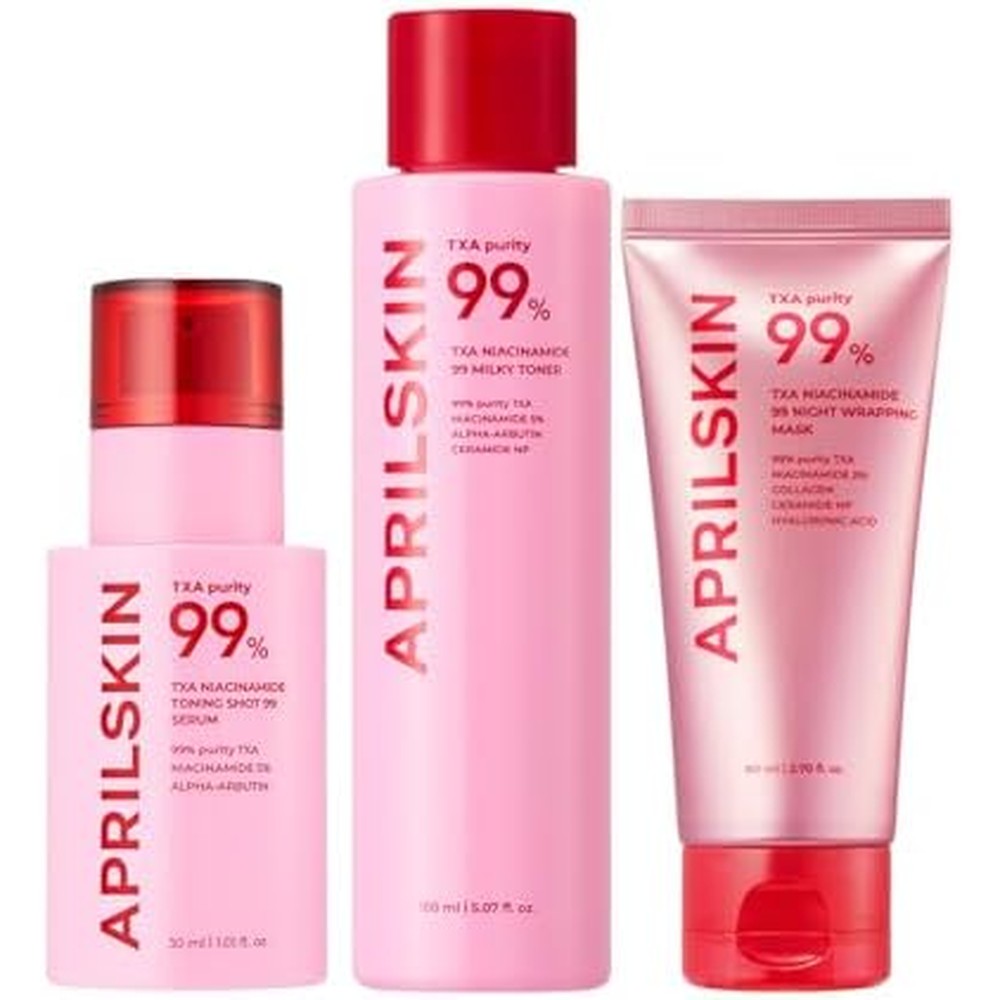 APRILSKIN TXA Overnight Glow Booster Trio Set With Spicule Facial Serum One Fluid Ounce Pink Milky Toner Five Fluid Ounces and Overnight Wrapping M...