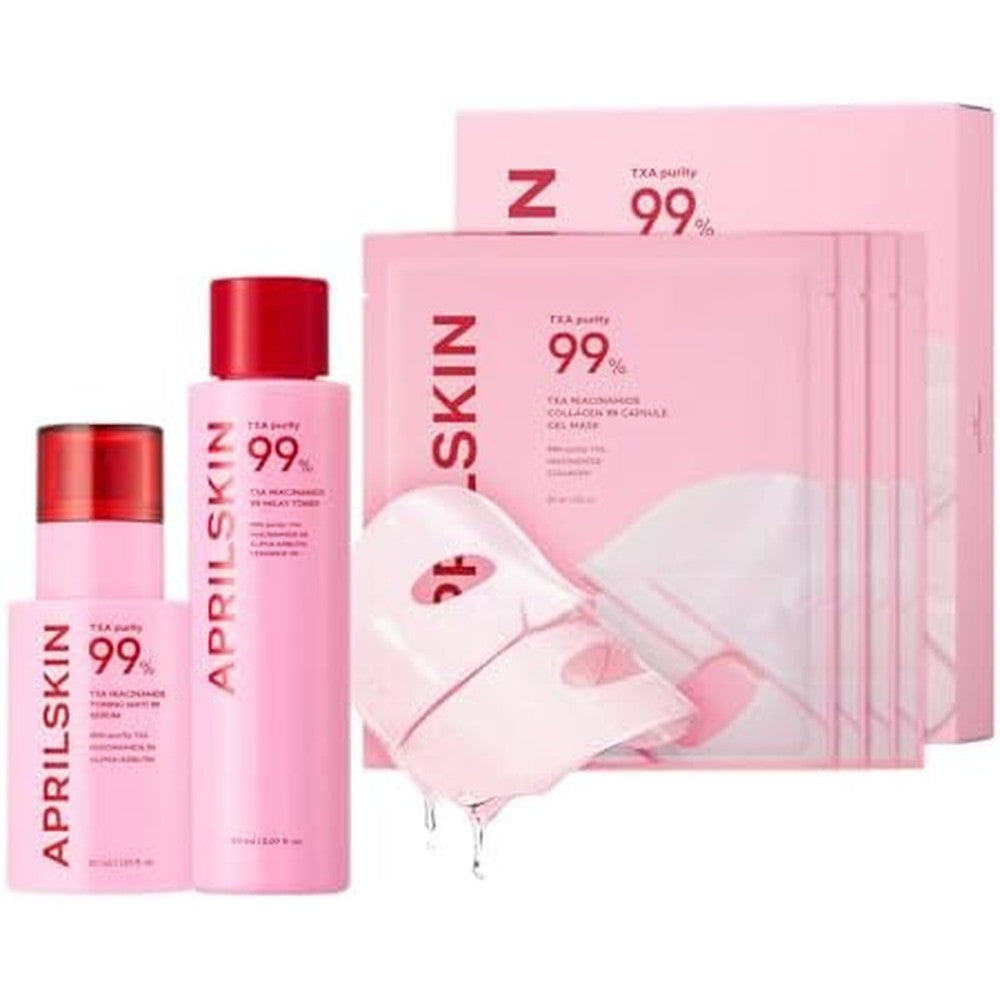 APRILSKIN TXA Glass Skincare Trio With Niacinamide Toning Shot Spicule Serum Pink Milky Toner And Pink Capsule Gel Mask 4 Count