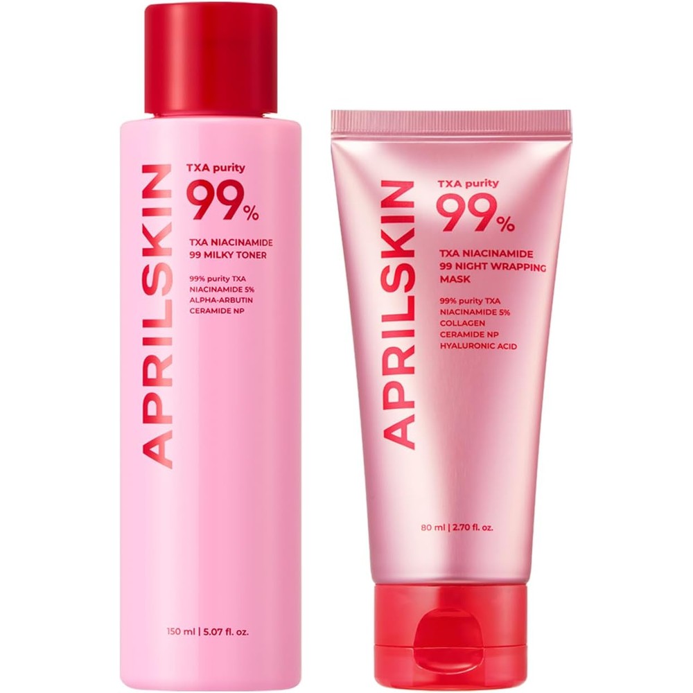 APRILSKIN TXA Pink Overnight Skincare Duo With TXA Niacinamide 99 Pink Milky Toner 150ml And Overnight Wrapping Mask 80ml For Brightening