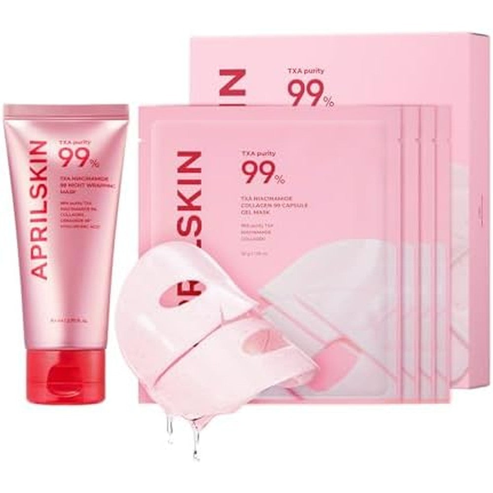 APRILSKIN TXA Glass Skin Duo Kit Including Pink Capsule Gel Mask Four Count and Overnight Wrapping Mask Two Point Seven Fluid Ounces