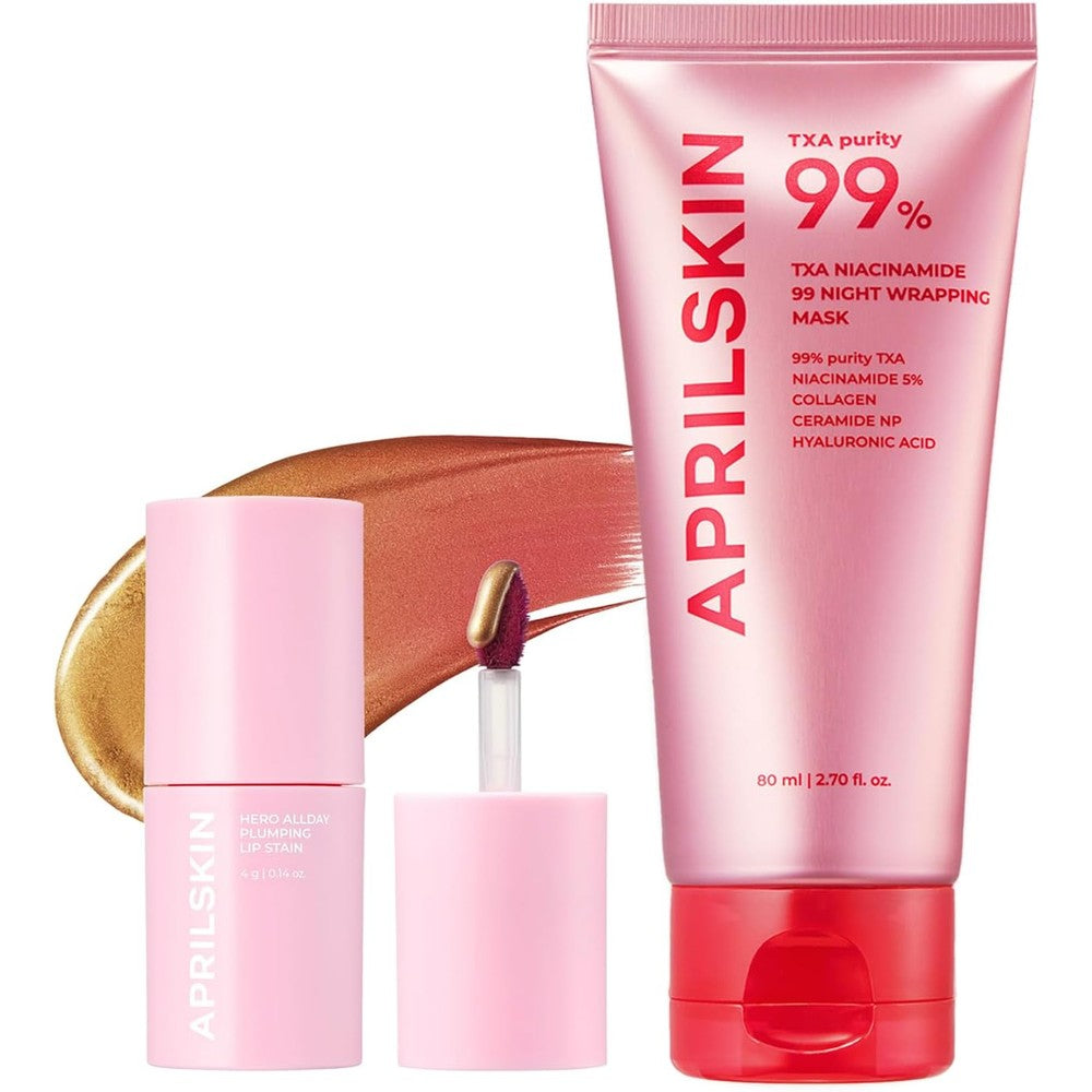 APRILSKIN Glow And Long Lasting Duo With TXA Niacinamide 99 Overnight Wrapping Mask 80 Milliliters And Hero All Day Plumping Lip Stain 0.14 Ounce