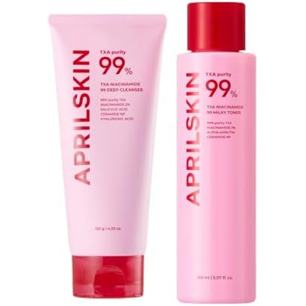 Aprilskin TXA Daily Skincare Set With Niacinamide 99 Pore Care Pink Bubble Gum Deep Cleanser 4.23 Ounce And Pink Milky Toner 5.07 Fluid Ounce